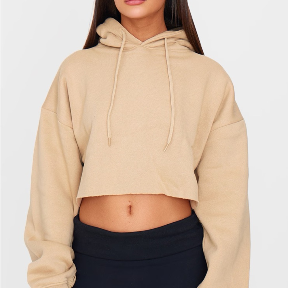 PLT Revolve Raw Hem Oversized Crop Hoodie in Tan / Beige Cotton Fleece